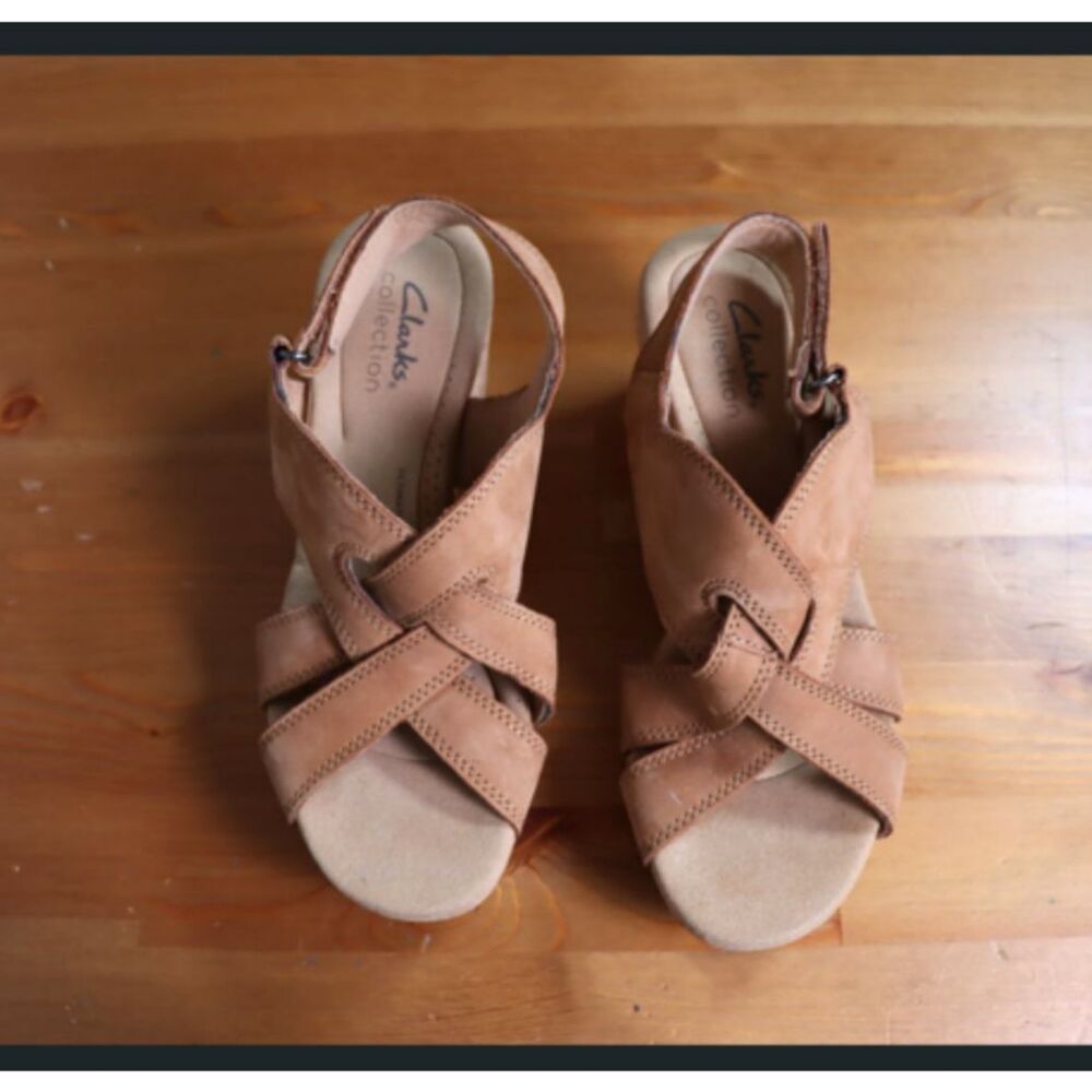 Clarks Collection Ultimate Comfort Brown Strappy Cork Heel Sandals Size 6